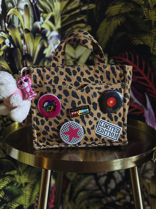 Upcycled Animal Print Mini Bag with Pinback Buttons | Thrifted Cottagecore Tote (Y2K)