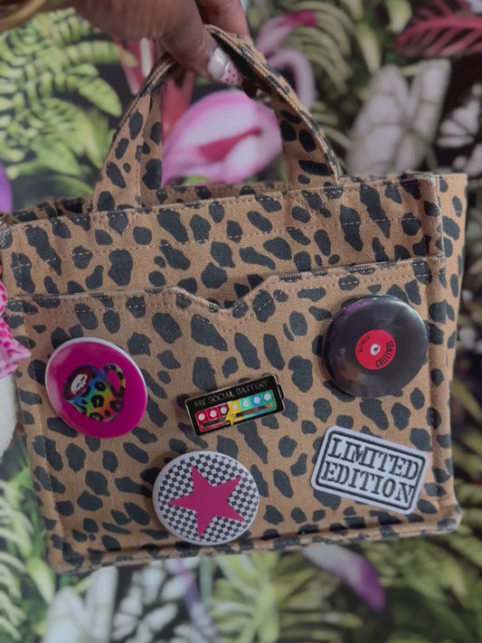 Upcycled Animal Print Mini Bag with Pinback Buttons | Thrifted Cottagecore Tote (Y2K)